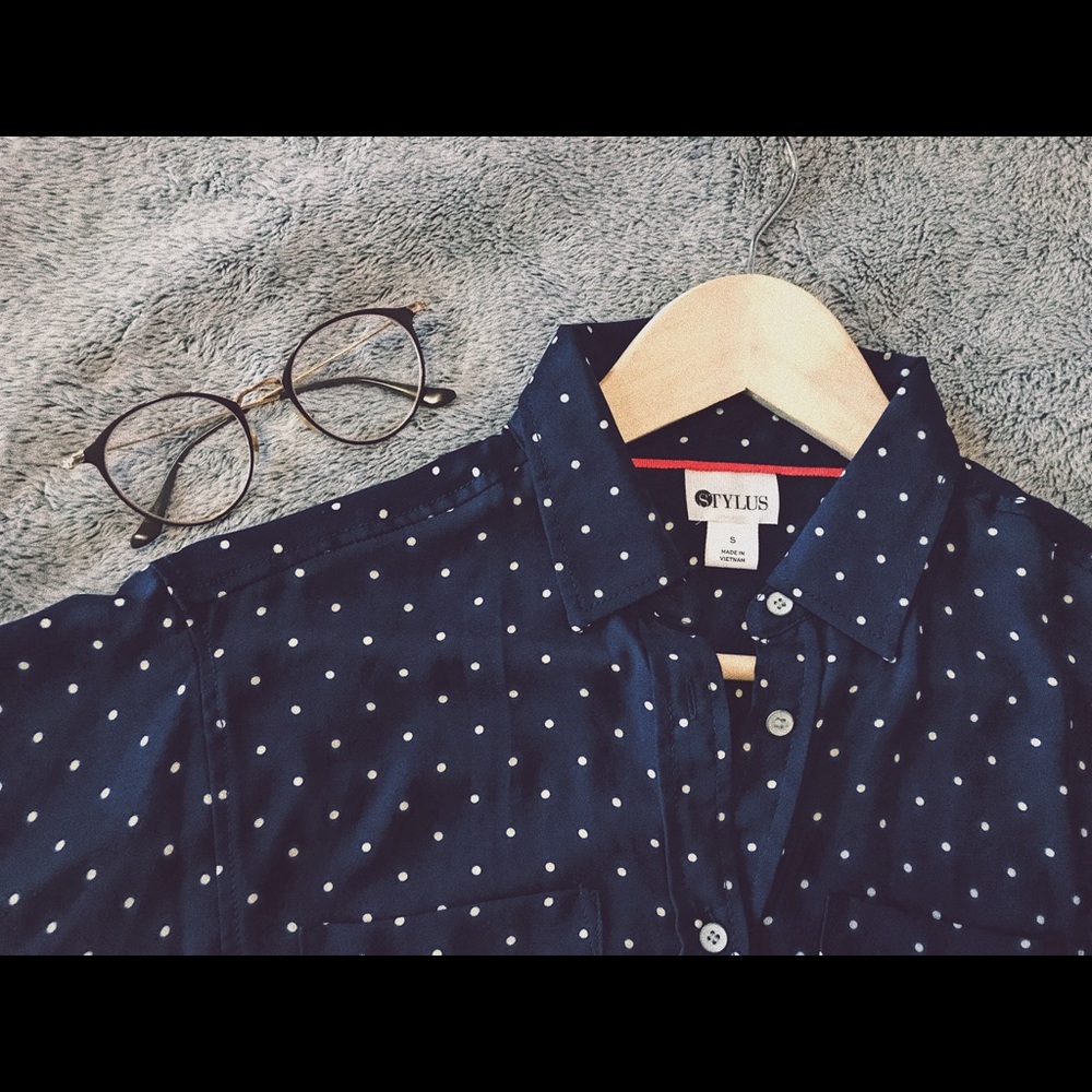STYLUS | Blue Button Down with White Polka Dots